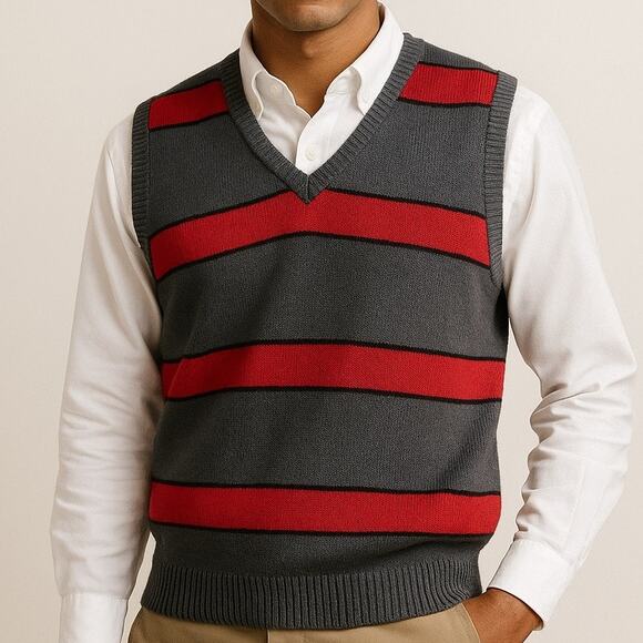 Vintage 80s Gray Red Striped Sweater Vest Men S Retro Prep Academia Unisex Cozy - Picture 1 of 17